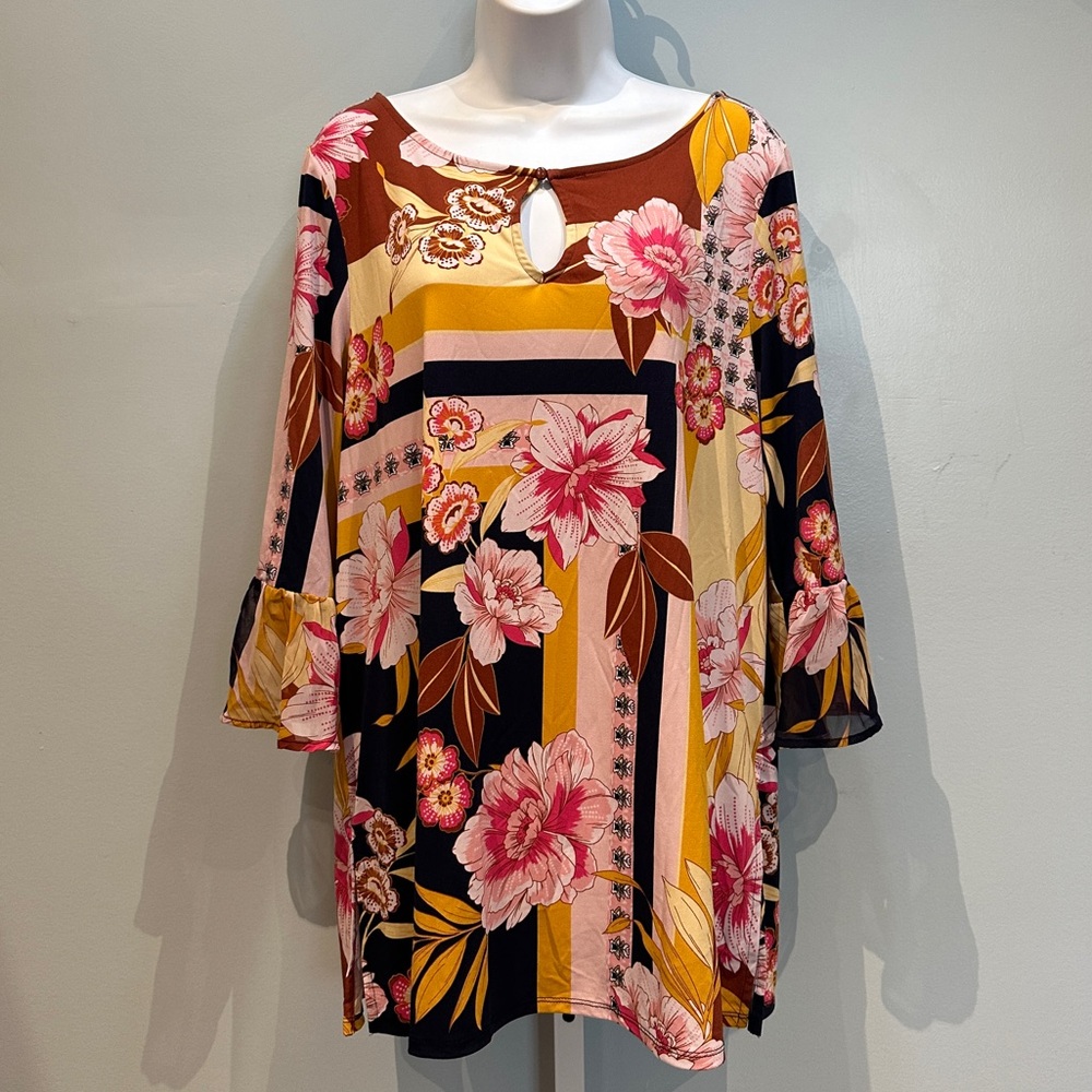 JM Collection Keyhole-Neck Tunic Yellow Navy Pink Floral - Large